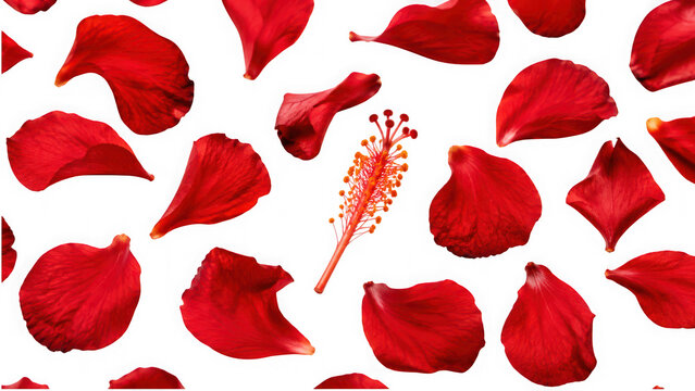 Red hibiscus flower petals and stamen isolated on transparent background