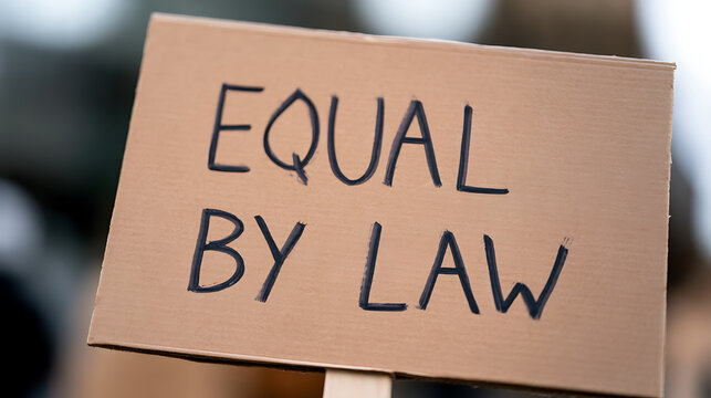 Cardboard sign with "EQUAL BY LAW" text, symbolizing calls for justice, human rights, and social equity in a protest or demonstration setting
