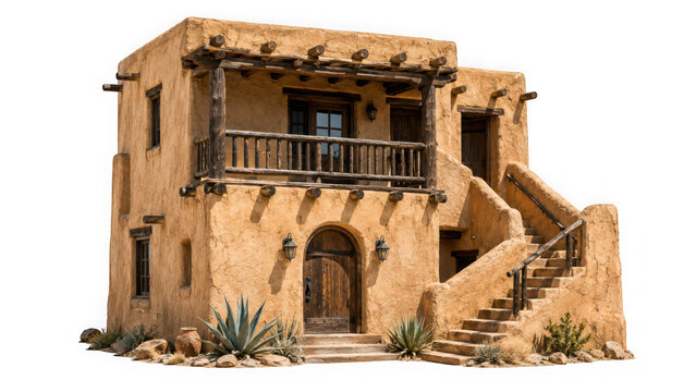 Traditional adobe house with wooden balcony and outdoor staircase isolated on transparent background