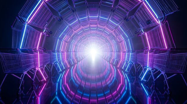 Futuristic neon tunnel with glowing pink and blue lights, sci-fi spaceship corridor background, high-tech digital portal for gaming and tech concepts