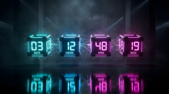 Futuristic digital countdown timer with glowing neon cubes, 3D sci-fi clock displaying days and hours, high-tech cyber aesthetic background