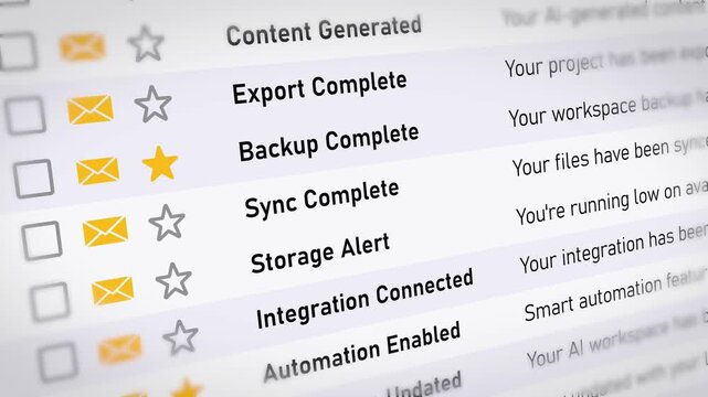 Email inbox notifications scrolling with cloud storage and integration alerts