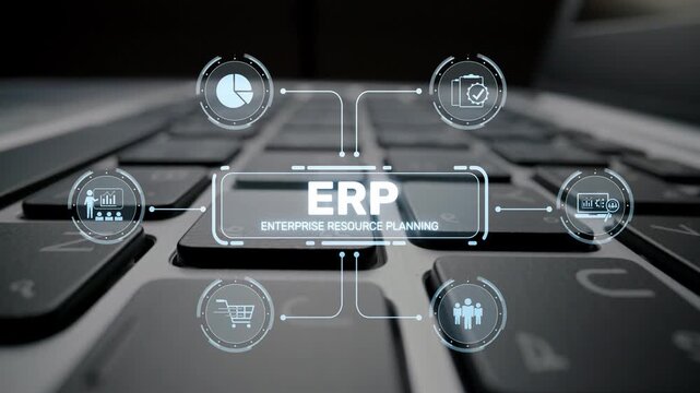 ERP platform visual showing centralized system for enterprise resource planning, improving integration, data flow, business efficiency, finance, inventory, and human resources. Muxer