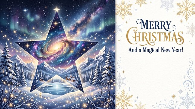 Surreal Star-shaped Christmas card with galaxy design and snowy landscape, Creative holiday greeting card with double exposure effect 