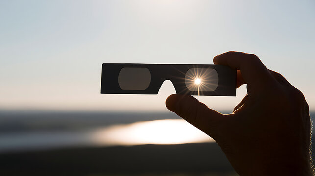 Silhouetted Hand Hold Viewers Observing a Solar Event, Sunlight Filters Through with Starburst Effect, Clear Sky Background