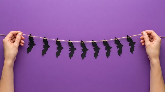Hands holding a string with paper bats on purple background