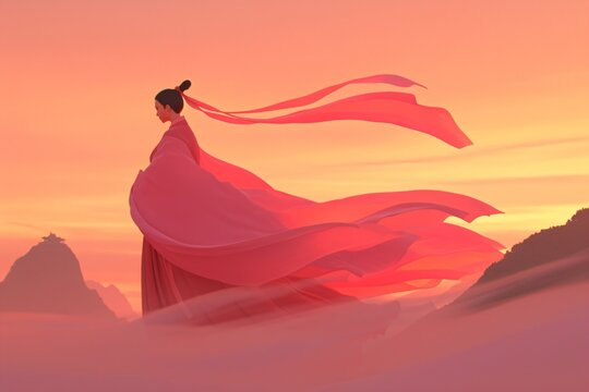 Woman in flowing red gown against an epic asian mountain background. Fantasy battle or action RPG game concept art for mobile or PC.