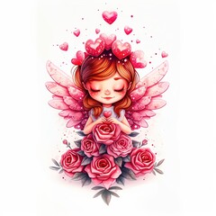 Fototapeta premium Little anime chibi woman angel with pink wings holding a heart surrounded by a bouquet of red roses for Valentines Day greeting card.