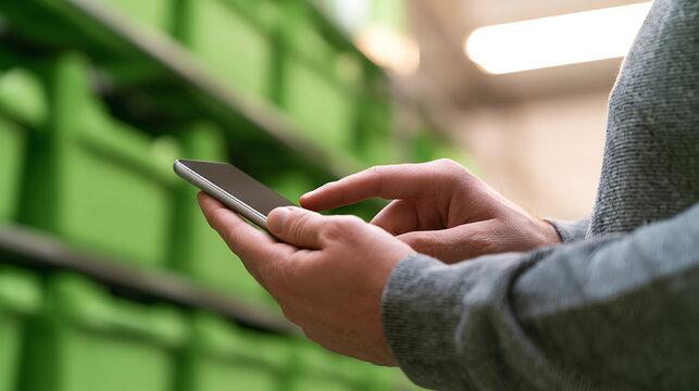 Close-up of a person use a smartphone, scroll through content or type a message, with a blurred green background in a modern setting