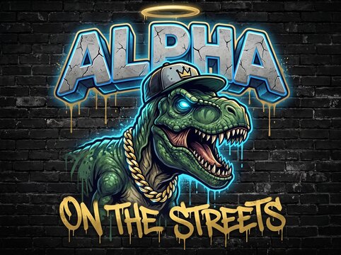 T-rex dinosaur wearing gold chain and cap with graffiti text on dark brick wall