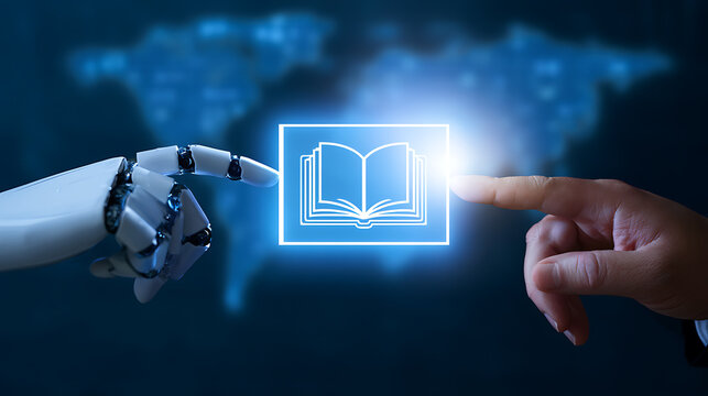 Human and Robot Hands Interact with a Glowing Book Icon, Symbolizing Education, Knowledge Transfer, and Future Learning in a Digital World