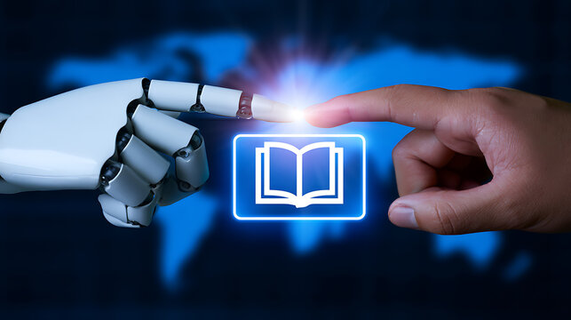 Human and Robot Hands Touch Glowing Book Icon, Symbolizing Artificial Intelligence, Knowledge Transfer, and Digital Learning on Global Background