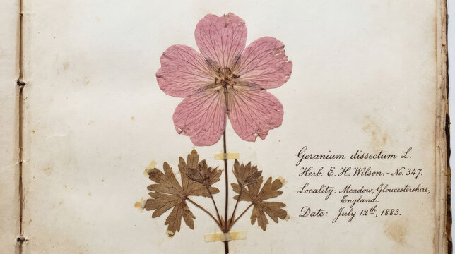 Pressed pink Geranium dissectum flower botanical specimen in old herbarium book