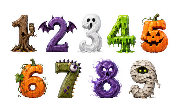 Set of halloween numbers 1 to 9 with spooky monster and holiday themes isolated on transparent background