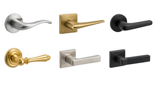 Set of modern and classic door handles in various finishes isolated on transparent background