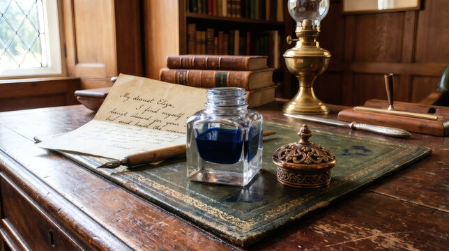 Blue ink well bottle with dip pen and handwritten letter on vintage wooden desk