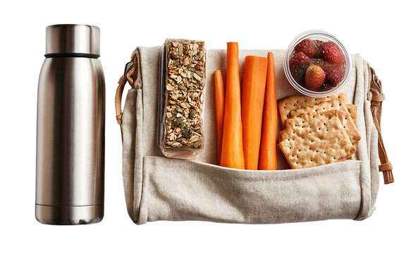 Reusable lunch bag with insulated thermos and packed food supporting sustainable healthy lifestyle and meal planning Isolated on transparent background PNG