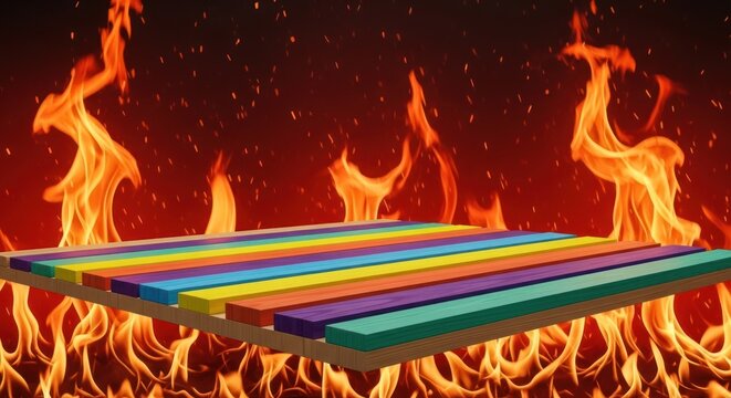 Vibrant rainbow colored wooden slats are positioned against a backdrop of intense flames.