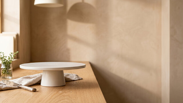 Minimalist empty white ceramic cake stand mockup on a wooden counter with warm natural window light.