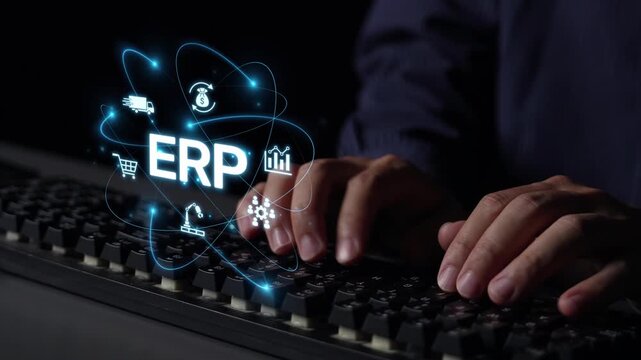 ERP platform visual showing centralized system for enterprise resource planning, improving integration, data flow, business efficiency, finance, inventory, and human resources. Muxer