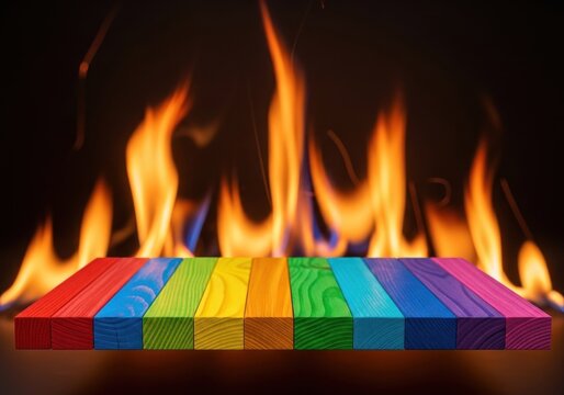 Brightly colored wooden blocks are arranged in a row in front of licking flames against a dark background.