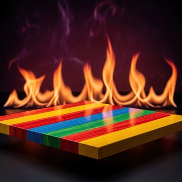 Colorful striped wooden surface glows intensely against a background of flickering flames.