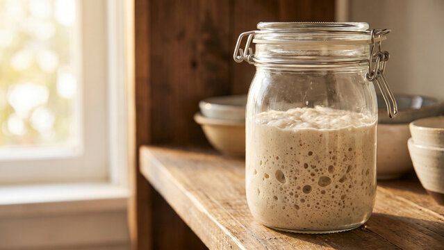 Active bubbly sourdough starter fermenting in a clear glass jar on a rustic sunlit wooden kitchen shelf.