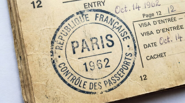 Close up of Paris passport control entry stamp dated October 1962 in vintage document
