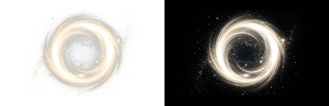 Golden glowing portal with swirling light trails, ethereal magic circle with sparkling dust particles, cosmic energy vortex for fantasy designs isolated on Transparent Background