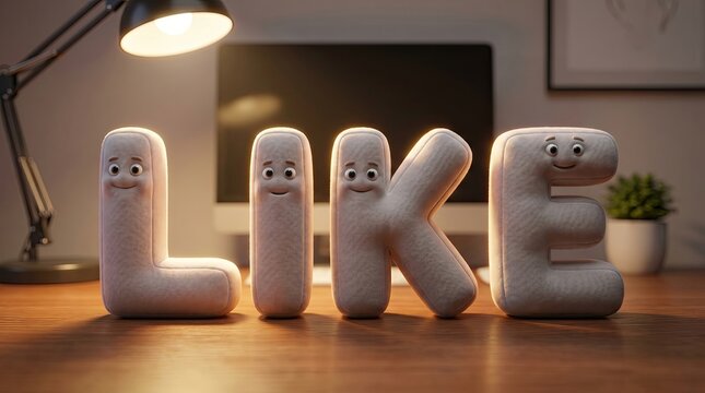 Like Symbol with Faces: The word Like is spelled out with playful, anthropomorphic letters on a wooden desk, illuminated by a desk lamp. Each letter features a unique, quirky face.