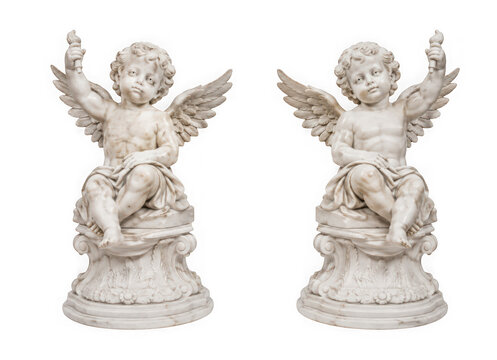 Pair of marble statues of cherubs or putti holding torches, isolated on transparent background