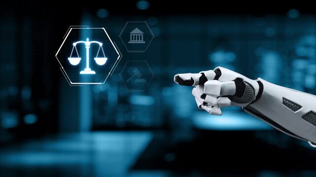 A robotic hand points at digital legal icons, symbolizing the intersection of technology and law. It represents innovation in the justice system and future capabilities. Synapse