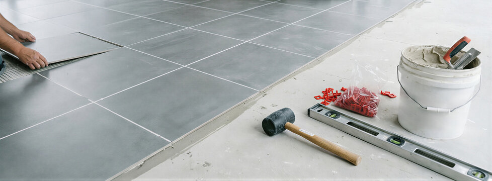 Tiler installing ceramic floor tile on adhesive. Construction worker laying grey tiles with tools and leveling equipment for residential renovation. Banner with copy space