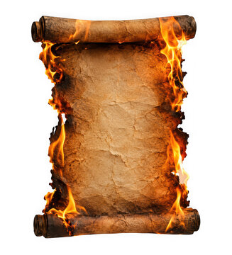 Old vintage paper scroll burning with fire flames isolated on transparent background