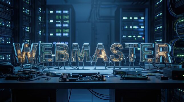 Webmaster's Domain: The word WEBMASTER illuminates in a digital world, surrounded by servers, circuits, and computer components, symbolizing the heart of online infrastructure.