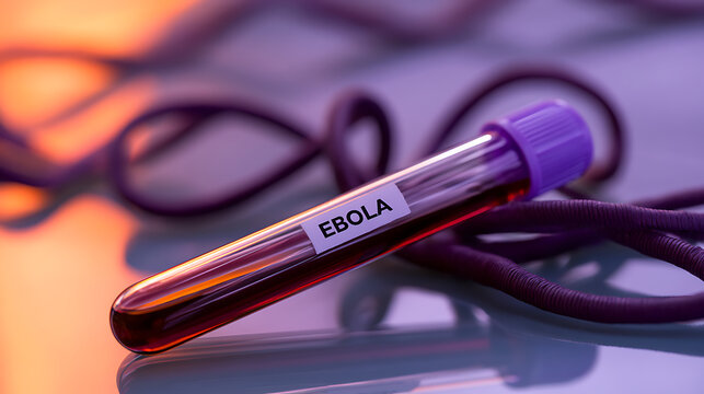 Medical test tube with dark fluid and a label, suggestive of a viral disease, set against a blurred scientific background with abstract shapes