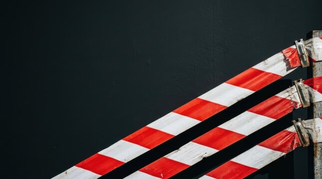 Safety Warning. Red and white striped barrier tape attached to a metal post against a dark background, representing restricted access and construction site hazard prevention.
