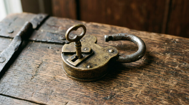 Vintage brass padlock with key open on old wooden surface background