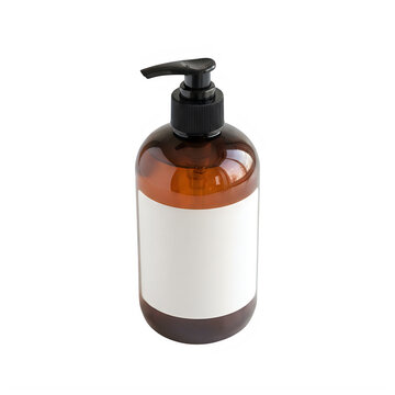 Amber soap bottle with pump and blank label isolated on transparent background, illustration