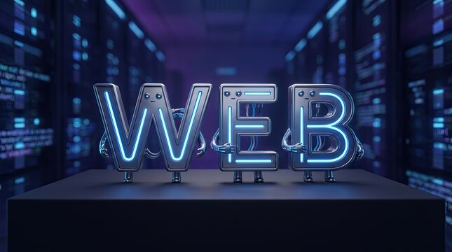 Web Character Display: The word WEB is spelled out in anthropomorphic neon letters with blue lights, standing on a dark pedestal against a backdrop of illuminated server racks in a data center.