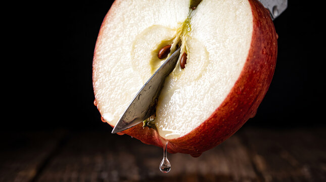 extreme close up of red apple half sliced by knife revealing seeds and dripping fresh juice