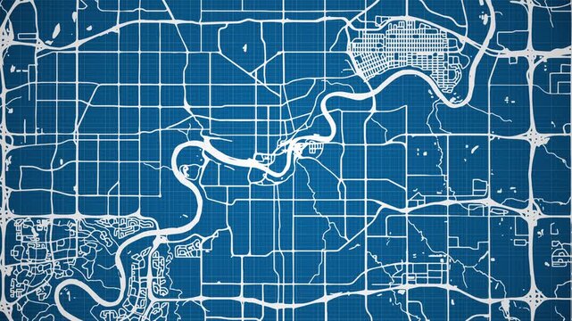 Ink reveal animation of Edmonton city, Alberta (AB), Canada grid map. Aerial top view. Blueprint style. White lines with blue background. 4K Seamless loop.