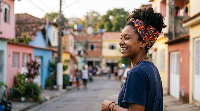 Joyful Brazilian woman with colorful headscarf smiles in a vibrant street during summer daytime