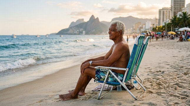 Elderly Brazilian man enjoys a serene beach sunset in Rio de Janeiro, feeling the warm summer breeze