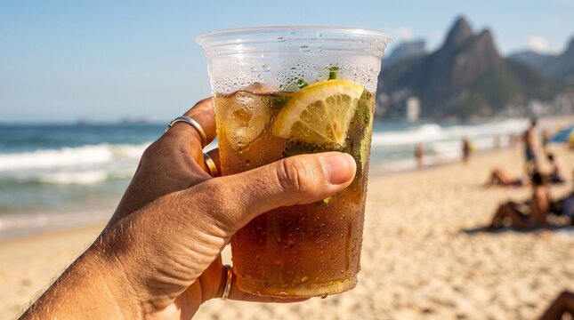 Refreshing iced tea with lemon and mint held up against a sunny Brazilian beach with iconic mountains in the background
