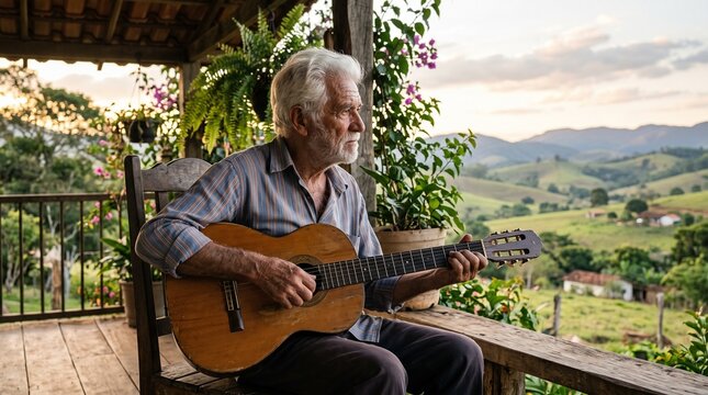 Elderly Brazilian man playing acoustic guitar on a rustic porch with a scenic rural landscape background at sunset