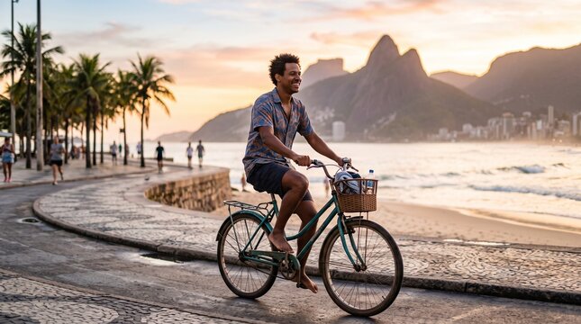 Joyful Brazilian man cycling along iconic beach promenade at sunset with mountains in background