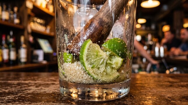 Close up of a cocktail being prepared with lime wedges and sugar in a glass with a muddler at a bar
