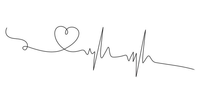 Continuous one line heart beat heartbeat health icon pulse rate medical art. Heart one line heartbeat love ekg care ecg drawing logo draw life cardio illustration single medicine healthy cardiogram.