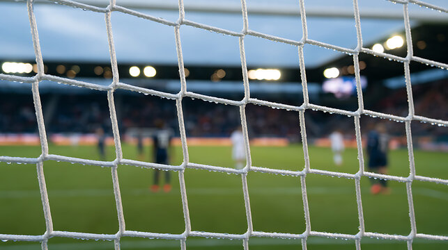 Rain-kissed soccer goal net with a blurred view of a professional sports stadium and players on a vibrant green field during a match